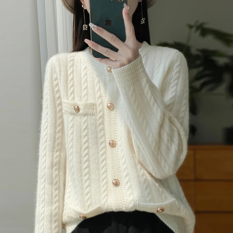 100% Merino Wool O-neck Cardigan Women's 2024 New Fashion Knit Top Women's Clothes Thick Solid Color Sweater Cardigan Jacket