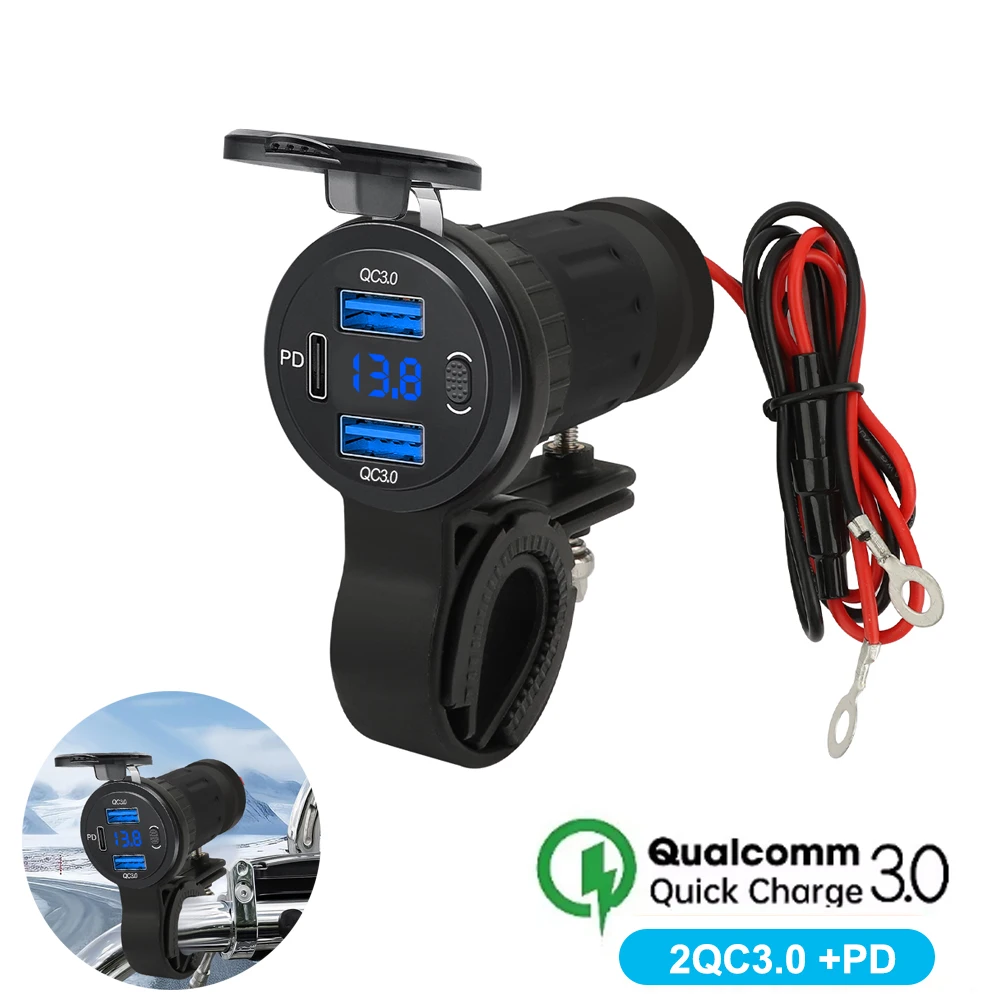 

3 порта 12 В для мотоцикла QC 3.0, быстрое зарядное устройство USB, водонепроницаемое с портом типа C, новая розетка PD, монтаж на руль, зарядные устройства для мобильных телефонов