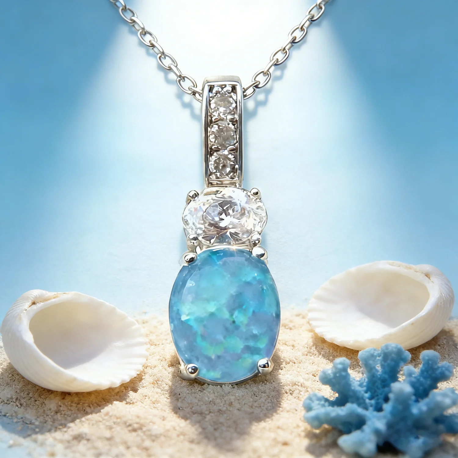 September Birthstone Necklace,Blue Opal & Cubic Zirconia Pendant,Timeless White K Plated Gift for Her,Elegant Minimalist Jewelry