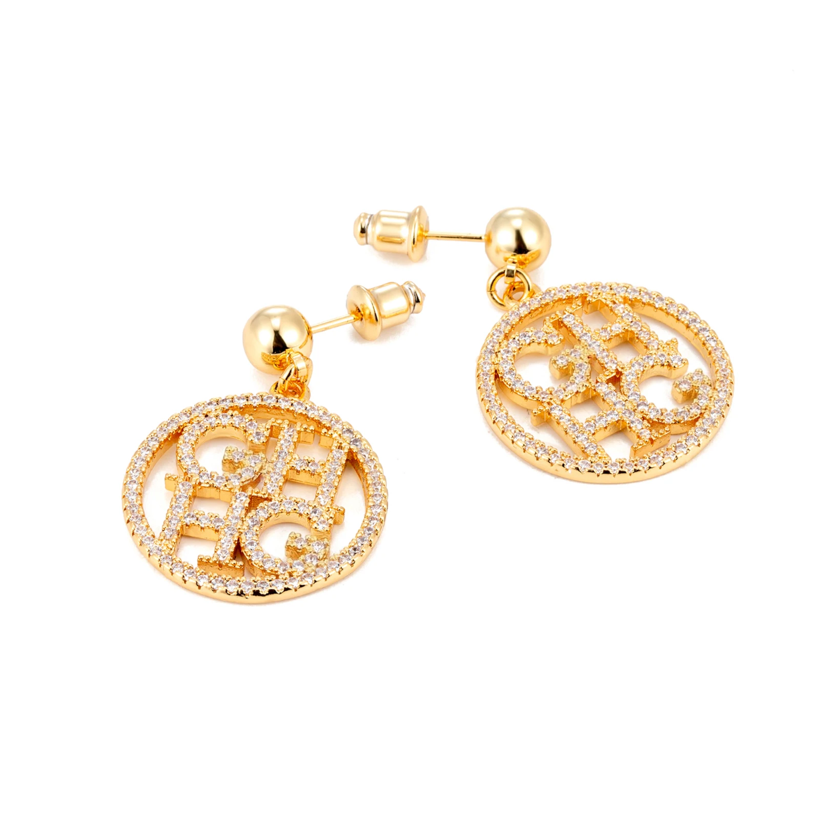 Luxury Zircon Drop Earrings for Women Brass Gold Plated Hollow Letter Pendant Dangle Earrings Vintage Office Party Jewelry Gift