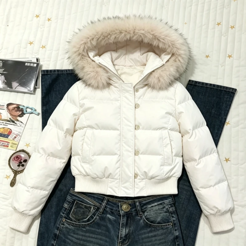 Y2K-Ästhetik Damen Winter Kurze Oberbekleidung mit Kunstfellbesatz an der Kapuze, Reißverschluss, Langarm-Mantel, Japanische Street-Style Alltagsmode-Jacke Neu