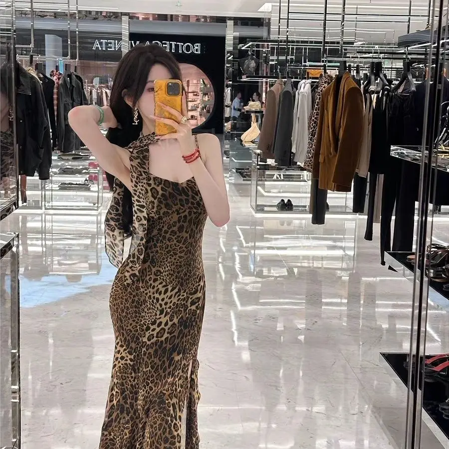 

Leopard Print Chiffon Camisole Dress 2025 Summer Autumn Bodycon Mermaid Silhouette Siren Core Aesthetic Evening Wear