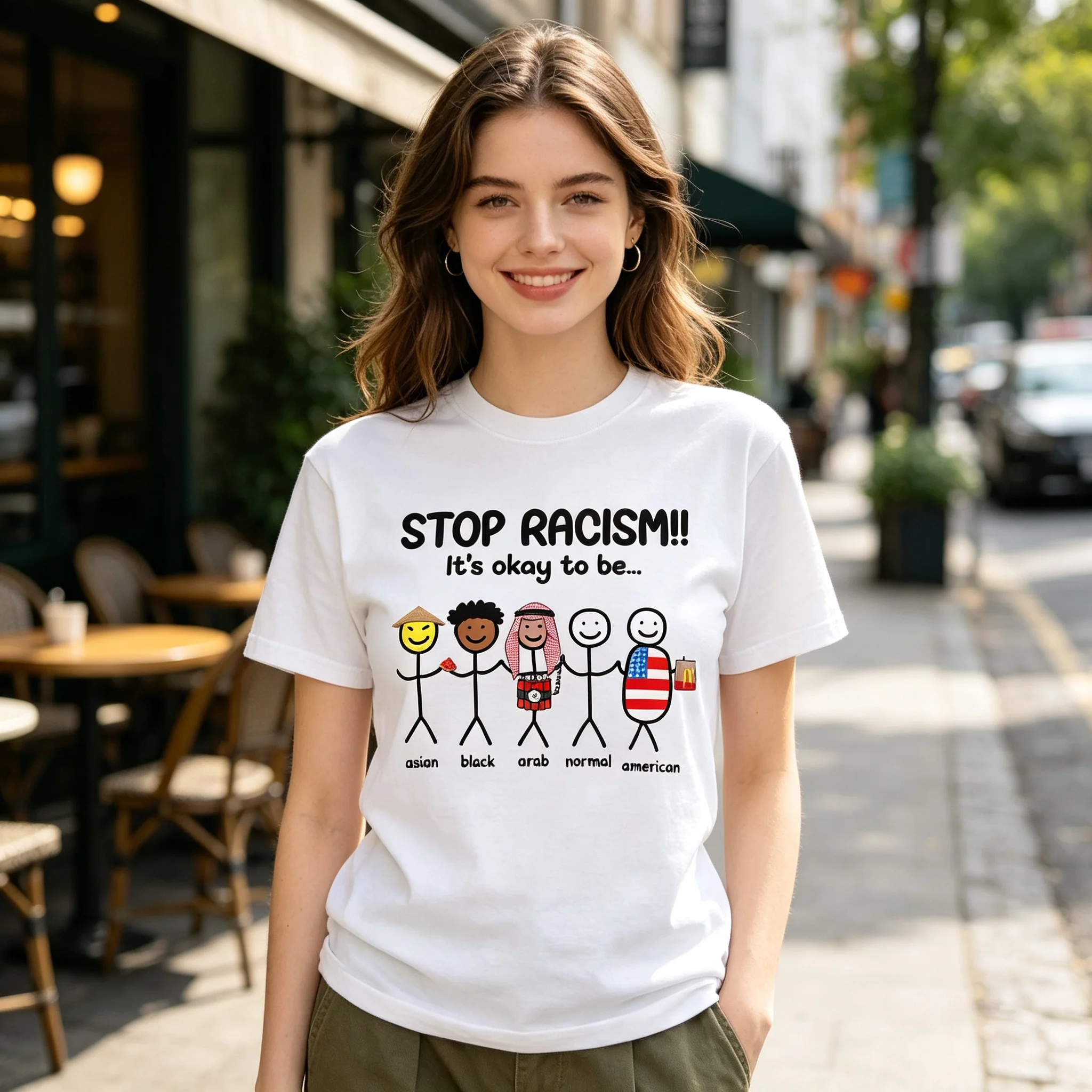 Women's Stop Racism Stick Figure Print T-Shirt Equality Diversity Graphic Crew Neck White Cotton Casual Short Sleeve Tee