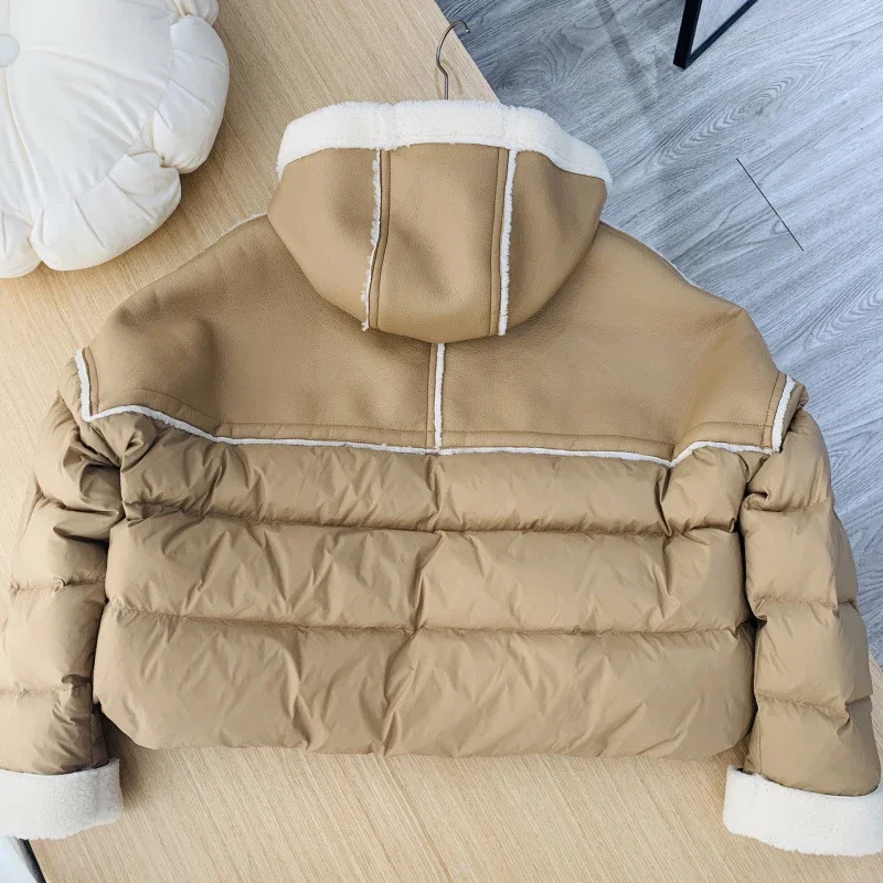 2026 Women PU Leather Patchwork White Duck Down Jacket with Hood Autumn Winter Thick Warm Outwear Loose Coat