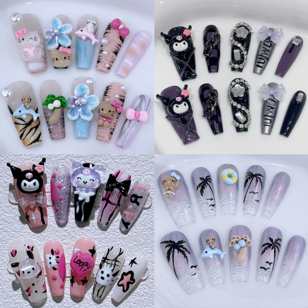 

Sanrio Y2K Long Coffin Fake Nail Hello Kitty Cinnamoroll Kuromi Hawaii Metal Chain Lily Wearable Artificial Nails Party Gift