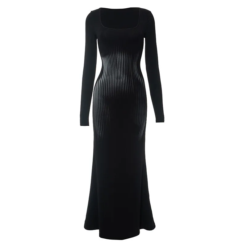 

Square neck pullover long sleeve high waist hip wrap fishtail dress women