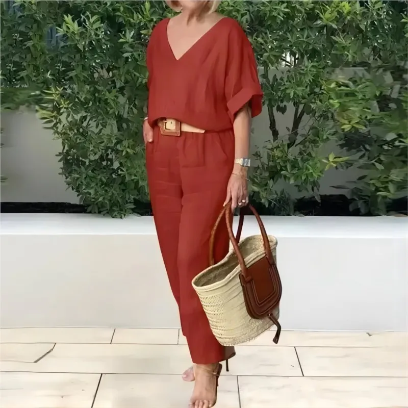 2024 Summer Women's Suits Gray V-neck Short Sleeve Tops Wide Leg Pants Loose 2-piece Set Women's Casual Women's Clothes