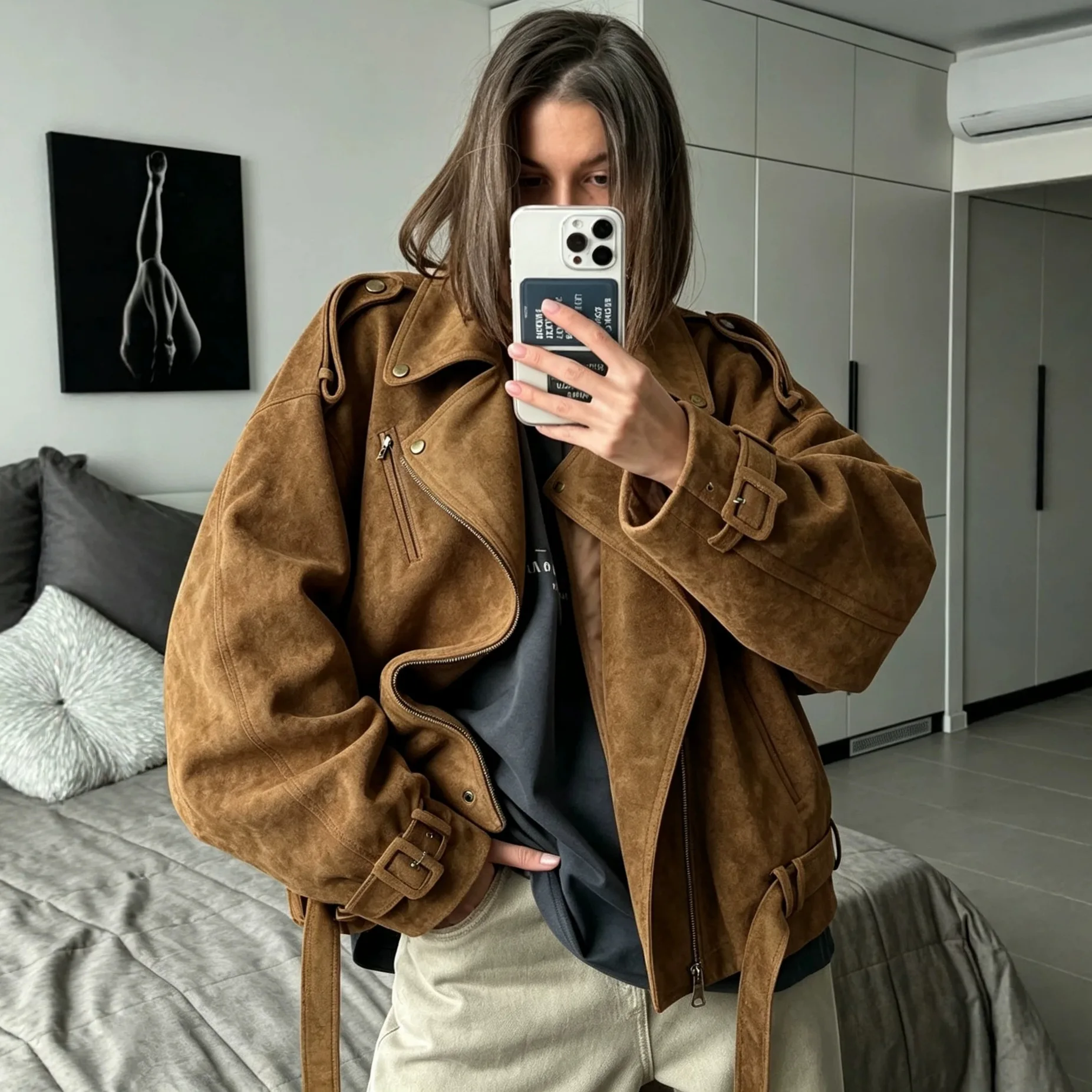 Vintage Maillard Suede Velvet Short Coffee Leather Jacket Women's Autumn and Winter Lapel Motorcycle Flight Leather Jacket