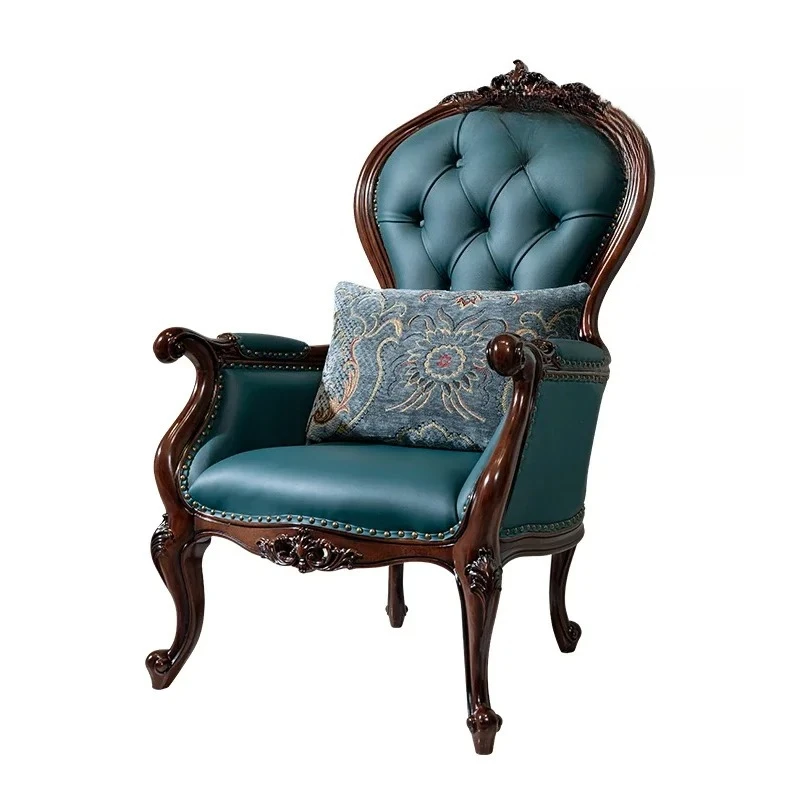 Y Leather sofa chair solid wood small round few retro first layer cowhide casual armrest living room single chair