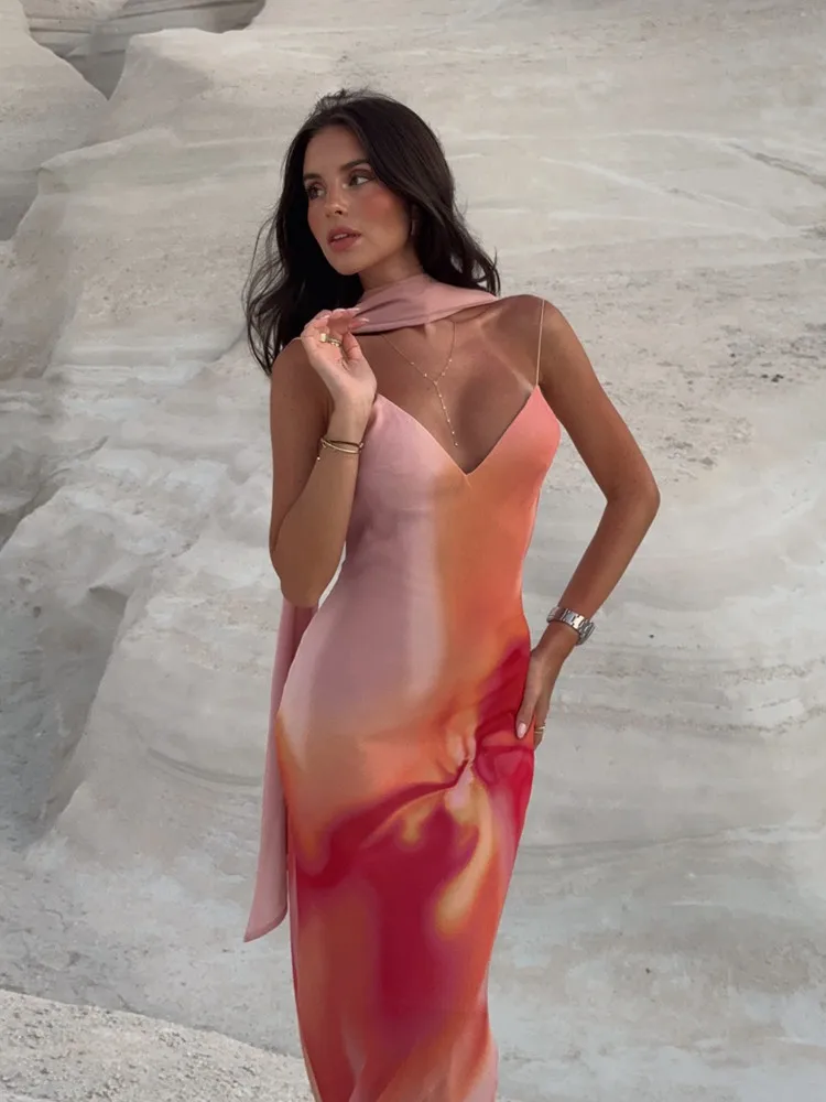 UNIZERA Abito lungo senza schienale stampato con sciarpa 2025 Nuovi arrivi estivi Abbigliamento da donna Elegante abito strutturato in raso