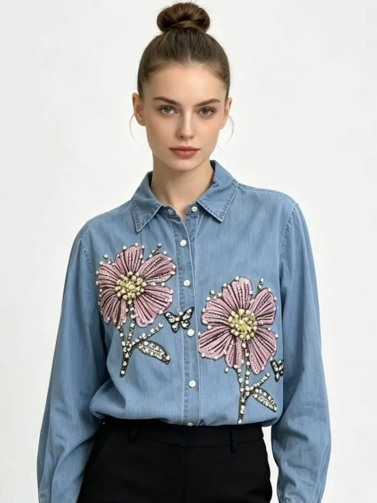Women Denim Embroidery Blouses Spring Autumn Long Sleeve Woman Blouse Shirt Office Elegant Work Shirt Top Blusas Mujer De Moda view 3
