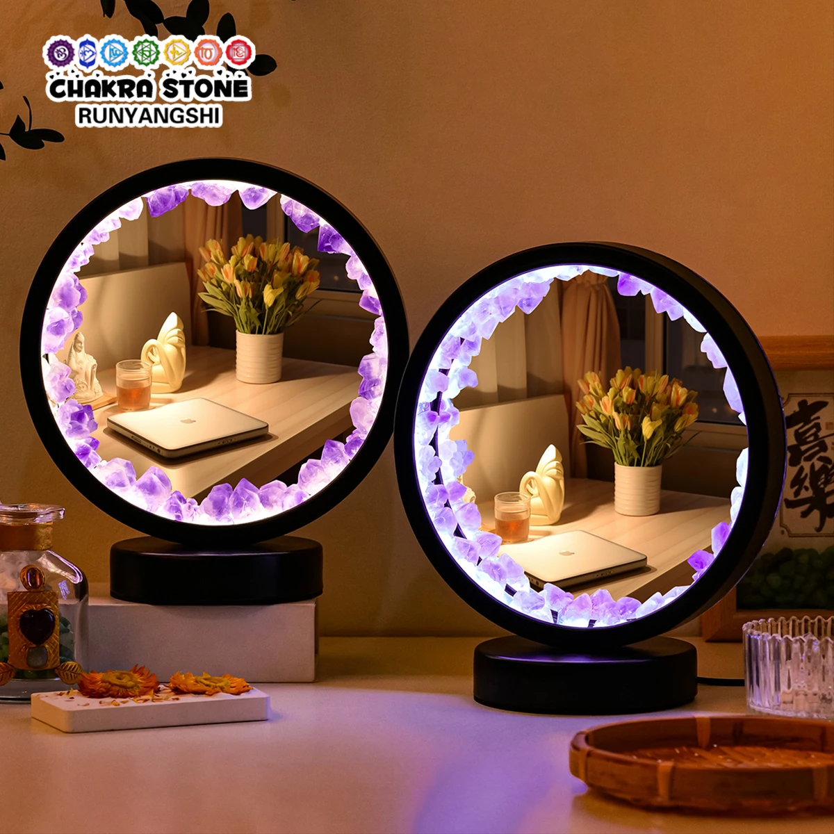 

LED Rechargeable Bedside Lamp Natural Quartz Mirror Healing Crystal Nightlight Bedroom Desk Network Circle Decorative Light