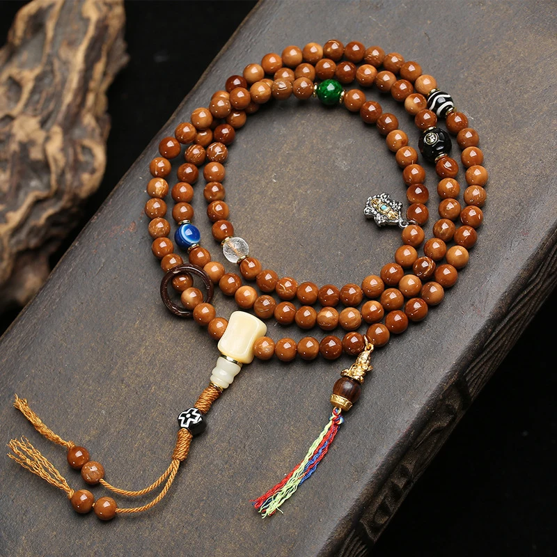 

Тибетский браслет-мала из 108 круглых бусин с многослойным дизайном, в ретро-стиле, с костяным трехсторонним соединителем и агатом.