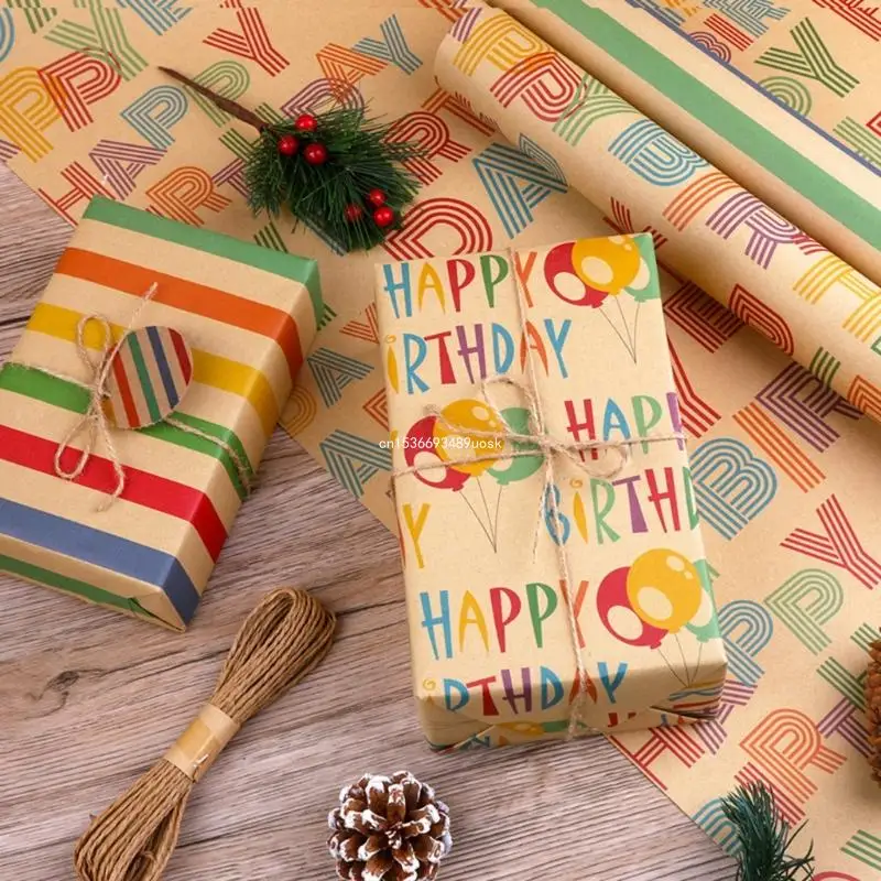 Pleased Birthday Wrapping Paper with Tapes Blank Card and Natural Straw String