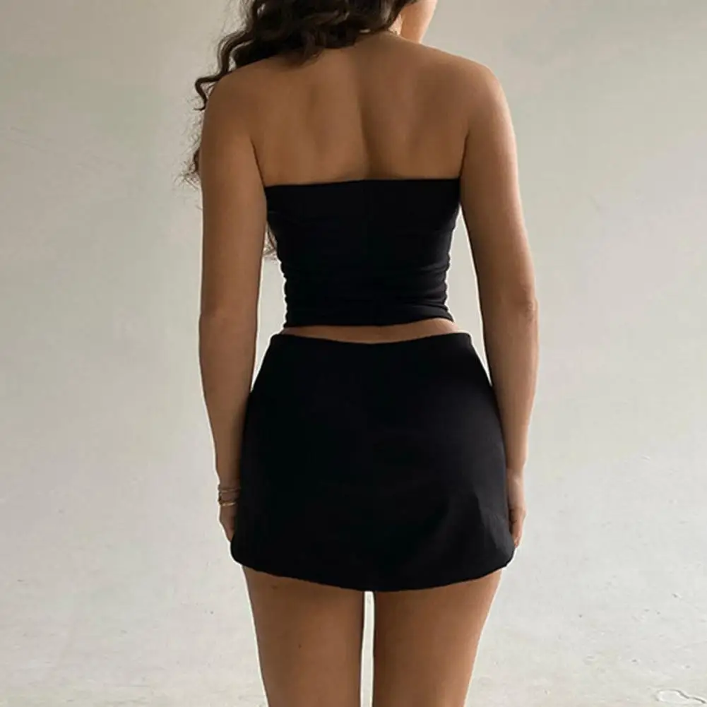 Women's Two Piece Skirt Set Strapless Bandeau Tube Crop Top And Bodycon Mini Skirt Set Summer Sexy Club Outfit Women Ensemble