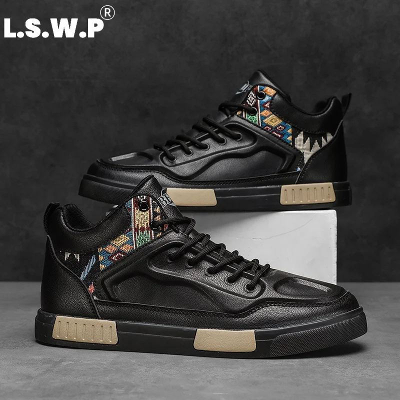 Chaussures de sport décontractées pour hommes, chaussures de skate montantes de style ethnique pour hommes, baskets décontractées en cuir PU avec empiècements, semelle épaisse en caoutchouc antidérapante