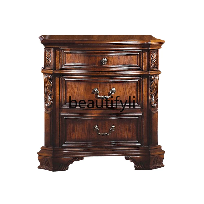 

American Solid Wood Bedside Table American Villa Bedroom Furniture European Classic Bedside Storage Cabinet