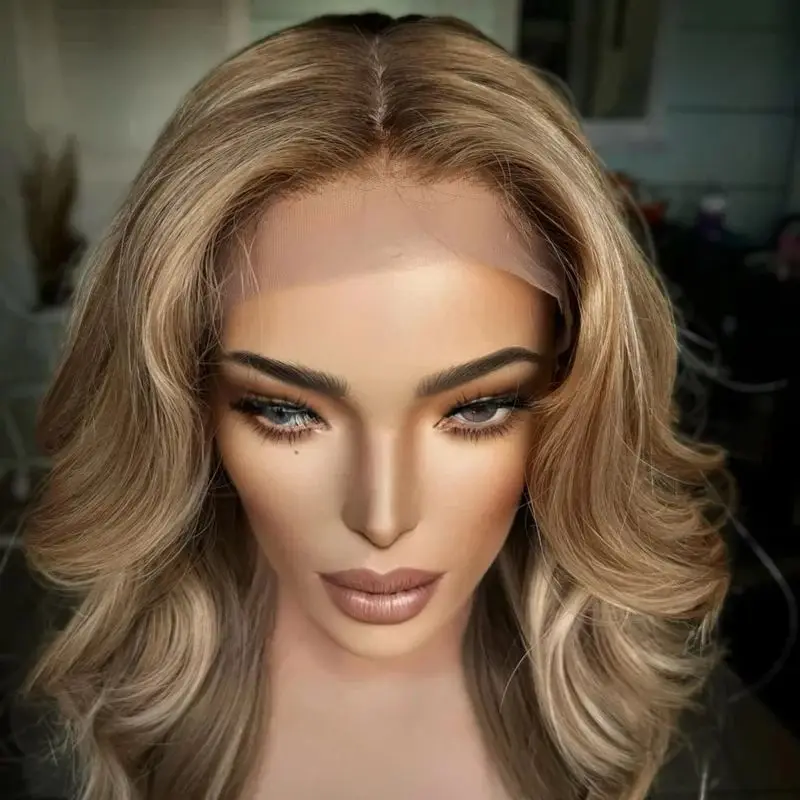 Moda parte média peruca feminina ombre loira marrom hd peruca frontal com raízes superior peruca sintética de alta qualidade peruca onda do corpo