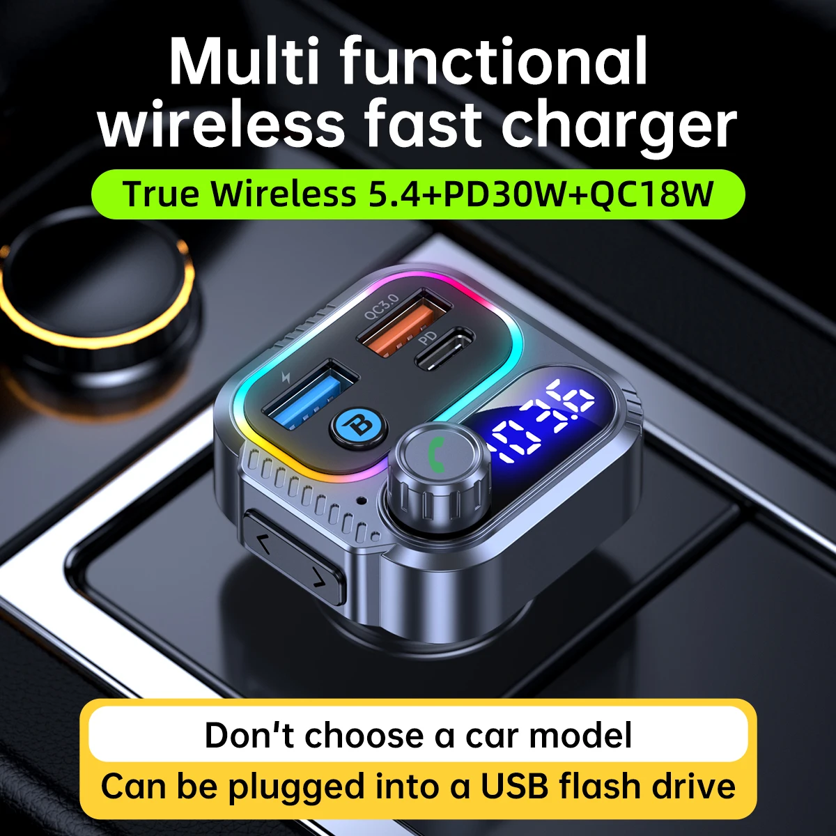 48W Fast Car Charger Bluetooth 5.4 FM Transmitter Wireless Radio Handsfree Calling Mics & Deep Bass Car Charger PD 30W+QC 3.0