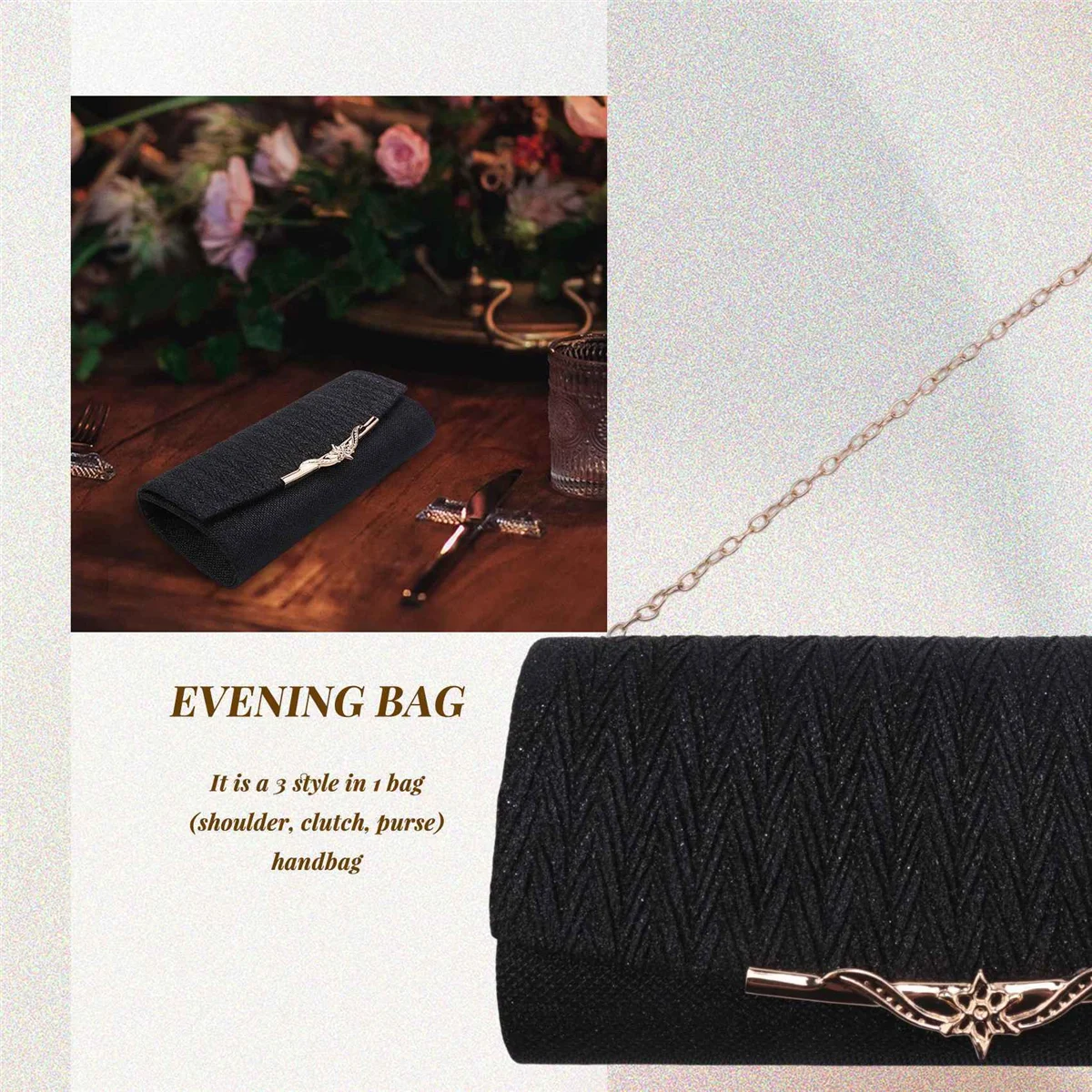 FZFZ 여성 이브닝 백 파티 연회 반짝이 가방 여성용 웨딩 클러치 핸드백 체인 숄더 백 (블랙)