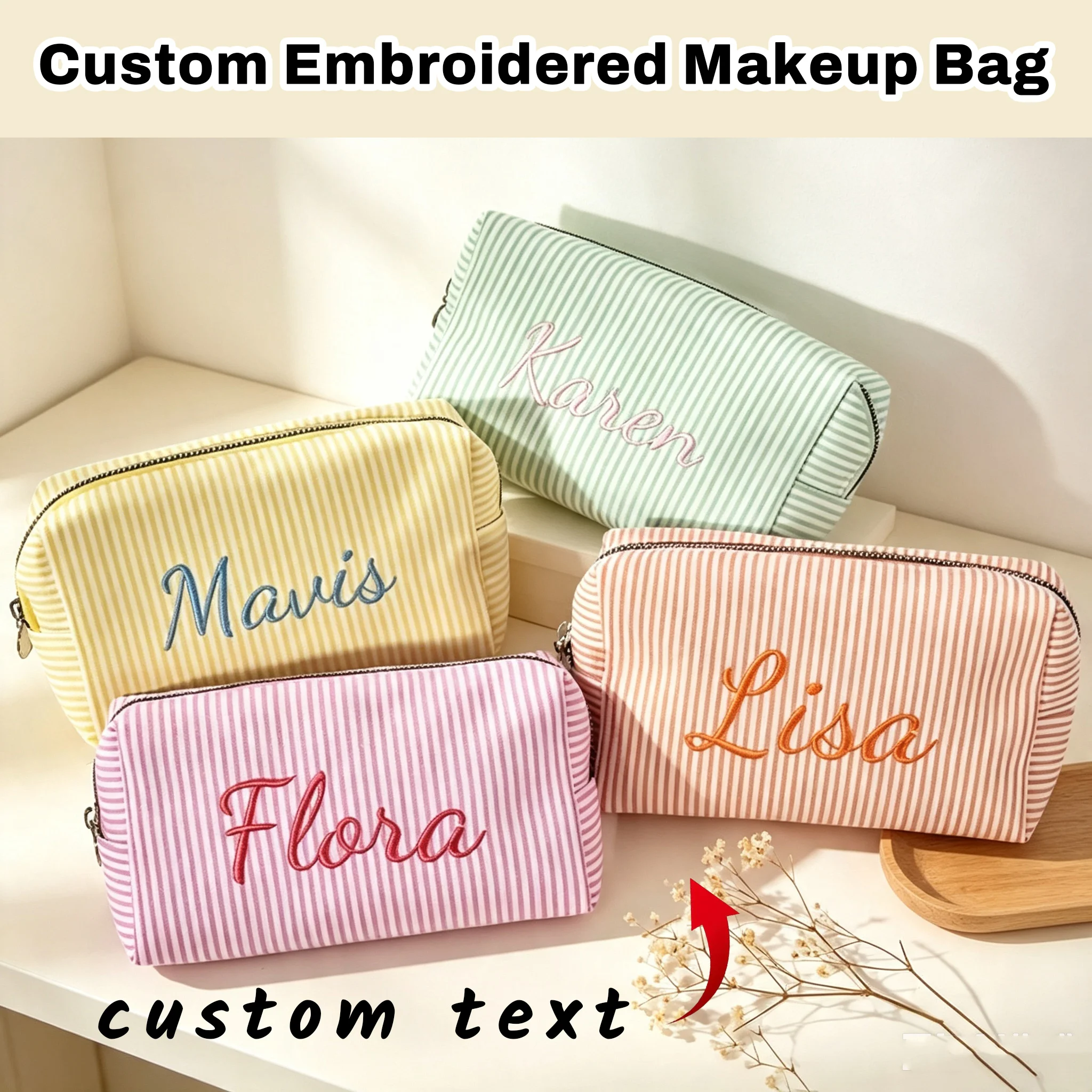 Embroidered Seersucker Cosmetic Bag, Storage & Toiletry Bag, Personalized Striped Monogram Toiletry Bag, Bridesmaid Makeup Bag