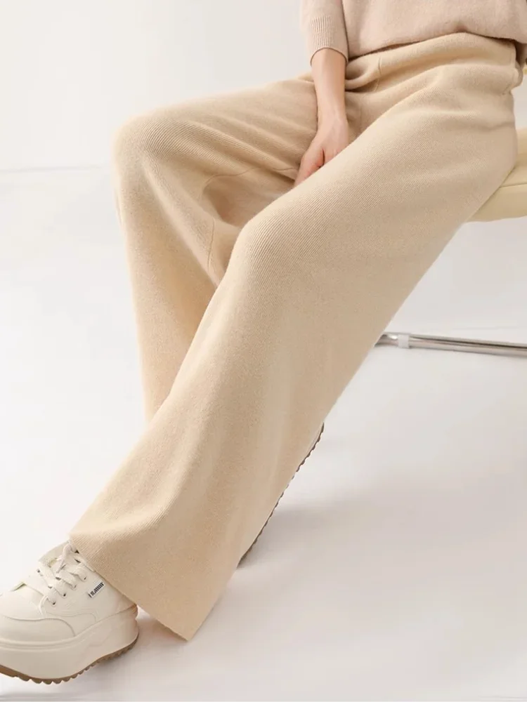 Wool Women's Wide-Leg Pants Fall/Winter High Waist Dropping Sliding Casual Loose Straight Wool Knited Mop Trousers Outer Wear