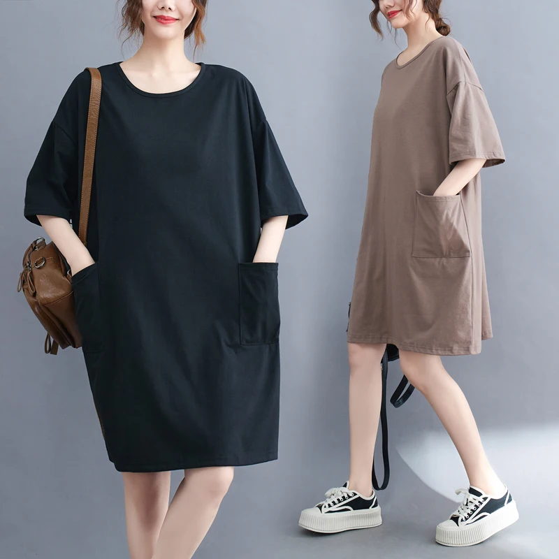 

Женская повседневная футболка-платье средней длины в корейском стиле, больших размеров, с коротким рукавом, однотонная