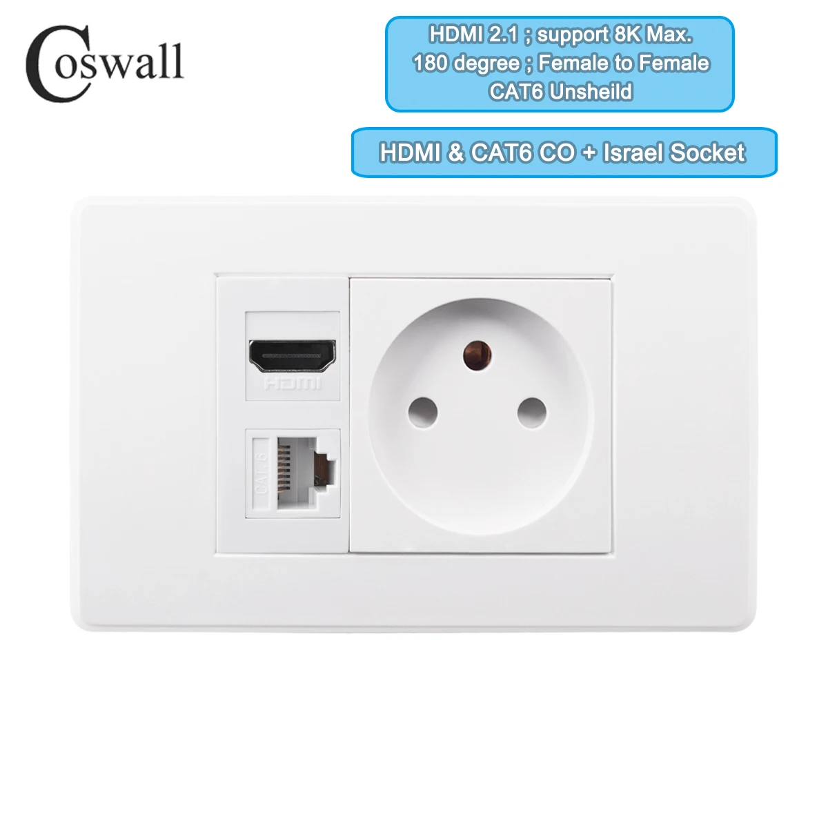 Coswall A45 Series Frosted Panel US Size Israel Wall Socket +Type A-C USB Charger / CAT6 With HDMI 2.0 16A 250V 118mmx72mm White