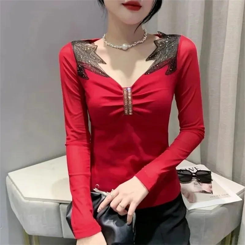 Spring  Autumn Maple Leaf Design New V-neck Mesh Fashion Hot Diamond Folded Shirt Women's T-shirt Top Long Sleeve Bottom Shirt