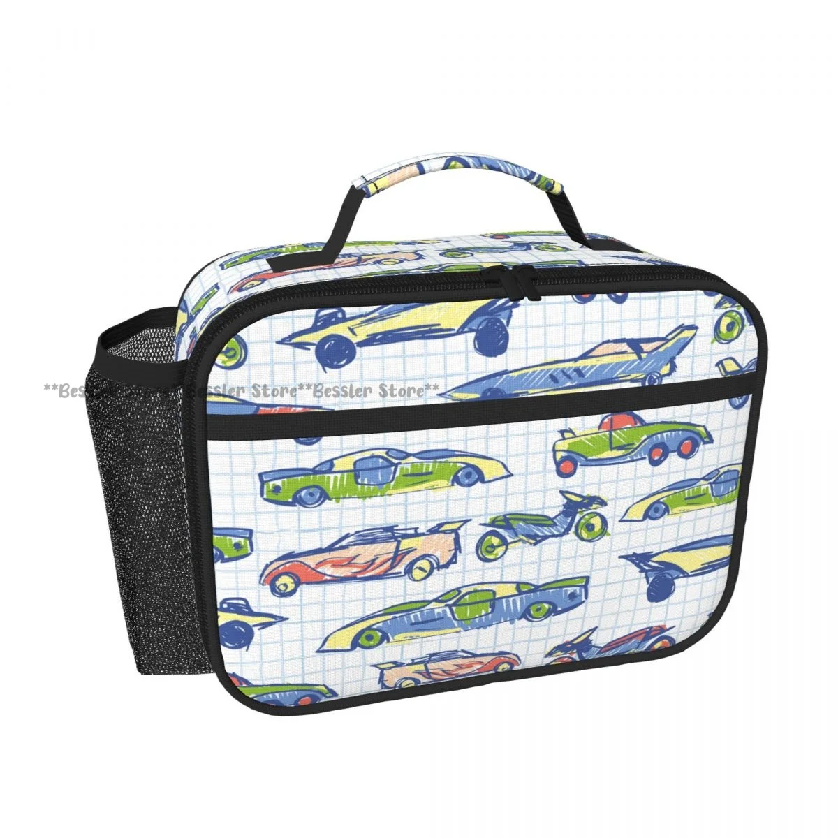 Cute Car School Collection Cartoon Cars Tote Lunch Bag Insulated Cooler Bag Easy Clean Food Handbag for Daily Travel Picnic