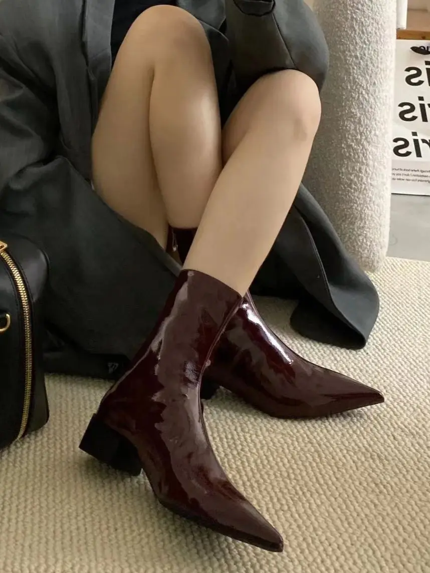 Pointed Toe Women Ankle Boots Patent Leather Sock Botas Flat Low Heels Black Wine Red Slip On Winter Short Bootie Sexy 35-39