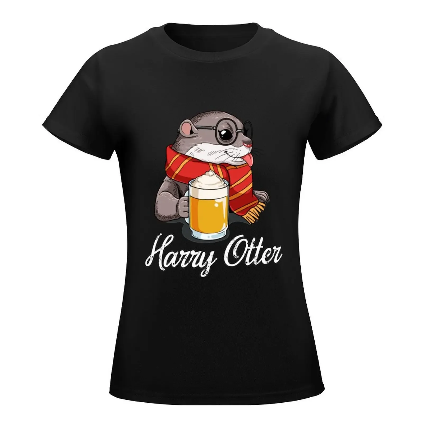 Harry OtterCute Wizard Otter With Butter Beer T-Shirt female funny hippie clothes summer top new edition t shirts for Women