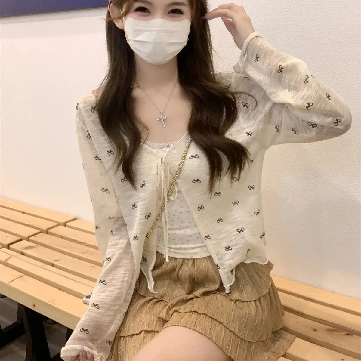 2024 Summer Korean version of sweet bow cardigan with lace-up bamboo linen sunscreen knitted top for women