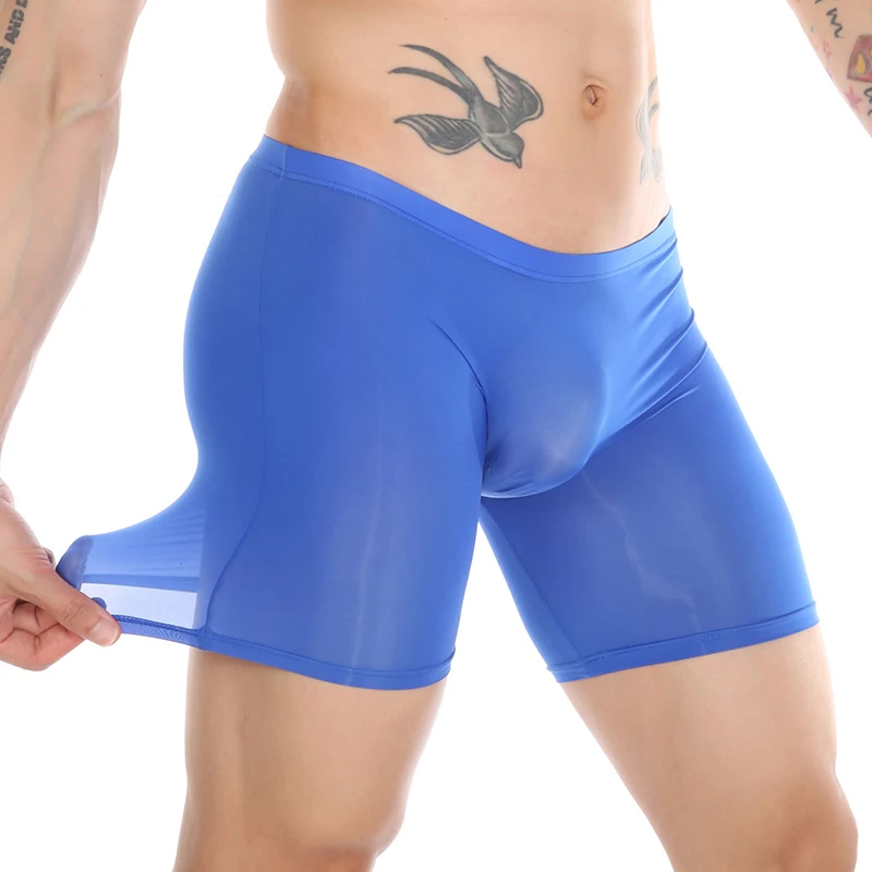 Lengthen Boxers Men Underwear Seamless Ice Silk Solid Color Mens U Convex Pouch Boxer Shorts Panties Male Long Leg Underpants