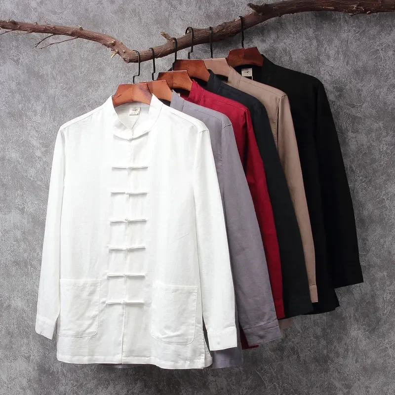 Long Sleeve Chinese Style Hanfu Men's Cotton Linen Top Shirt Casual Scene New Spring Autumn Fashion Men's Wear