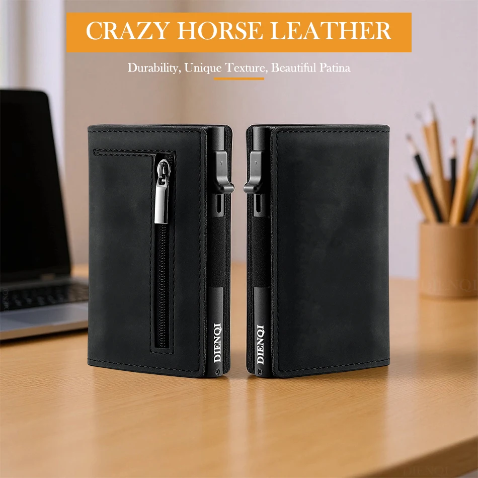 Portfel RFID z prawdziwej skóry bydlęcej, magnetyczny, skórzany, wysuwany, na karty kredytowe i bankowe, czarny, inteligentny portfel męski.