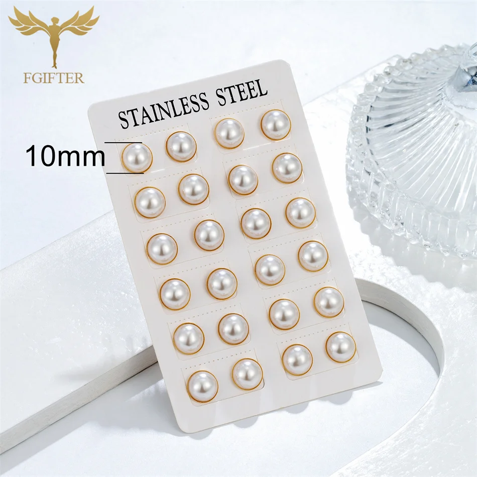 12 Pairs Pack Golden Stainless Steel Stud Earings for Women 5-10mm Half Artificial Pearl Earrings Set piercing acier inoxydable