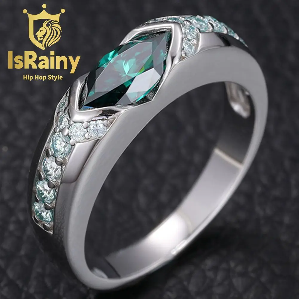 

IsRainy Hip Hop Rock 100% 925 Sterling Silver VVS1 Real GRA Green Moissanite Diamond Ring Band Fine Jewelry Pass Test Wholesale