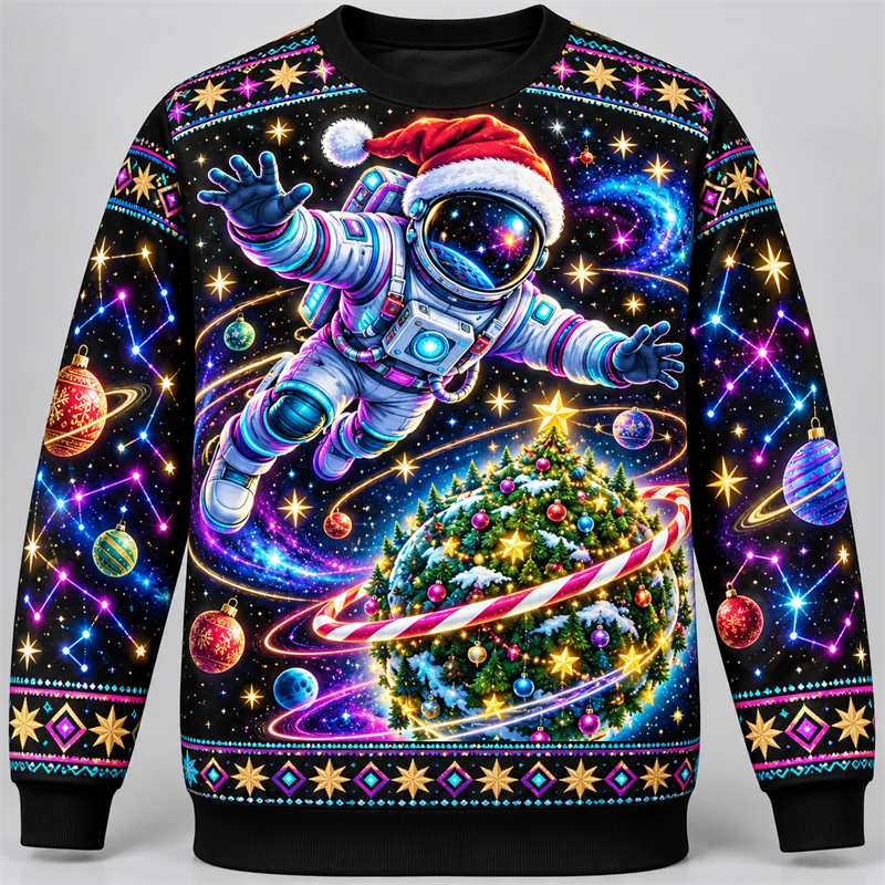 Ugly Christmas Sweatshirt Men Neon Gingerbread House Cactus Dragon Snail Astronaut Print Crewneck Long Sleeve Festive Pullover