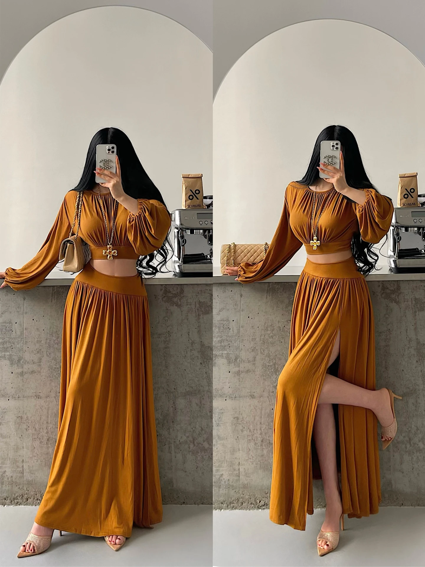 

Sexy Pleated Lantern Sleeve Top High Waist Draped Split Half Skirt Set Women's Fashion Spring Collection Long Sleeve Color