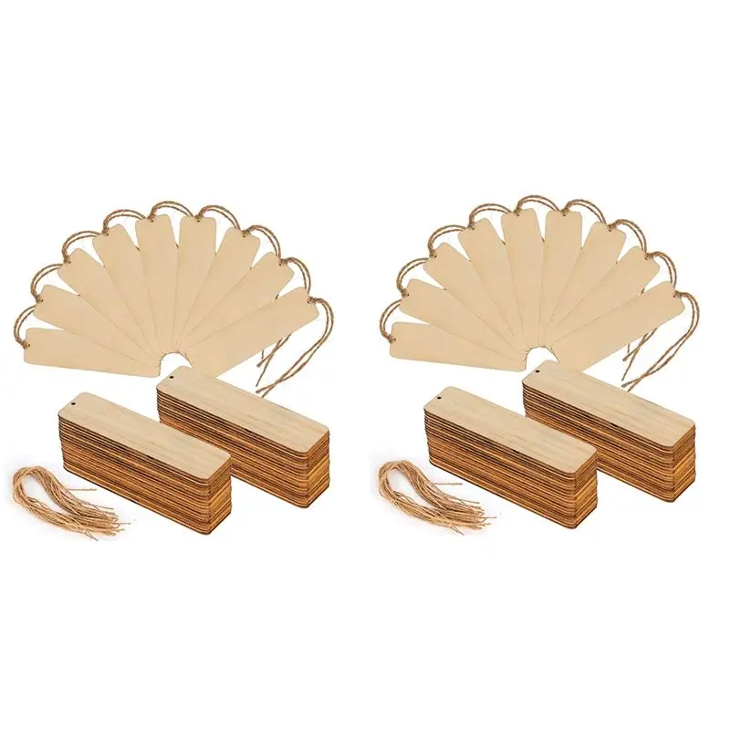 

YSS-100 PCS Wood Blank Bookmarks Unfinished Wooden Book Marks Hanging Tag With Holes And Ropes DIY Craft Projects