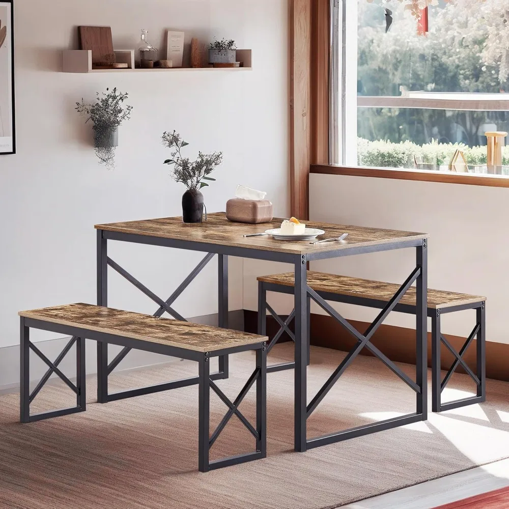 

Kitchen Table with 2 Benches for 4, 43.3'' Wood Dining Room Dinette Sets with X Metal Frame for Breakfast Nook and Small Space,