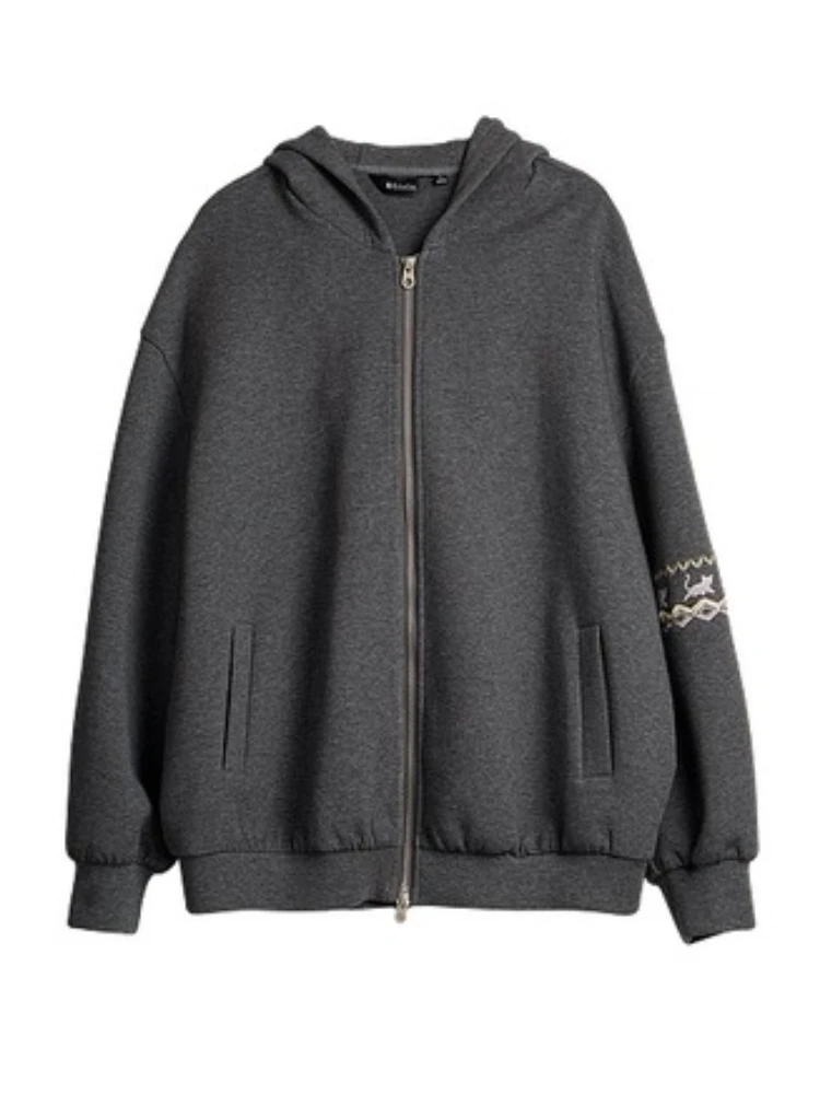 OLrain Lazy Casual Fair Isle Grey Hoodies Women  2025 Autumn New Loose Soft Streetwear Y2K Chic Zip Up Coat O57QW001165