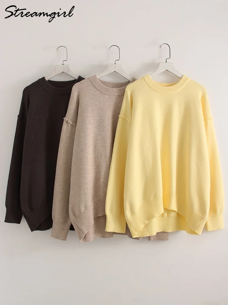 Brown Oversize Sweaters For Women Winter Thick Yellow Pullover Woman Autumn Warm Loose O Neck Ladies Sweaters Jumpers Women