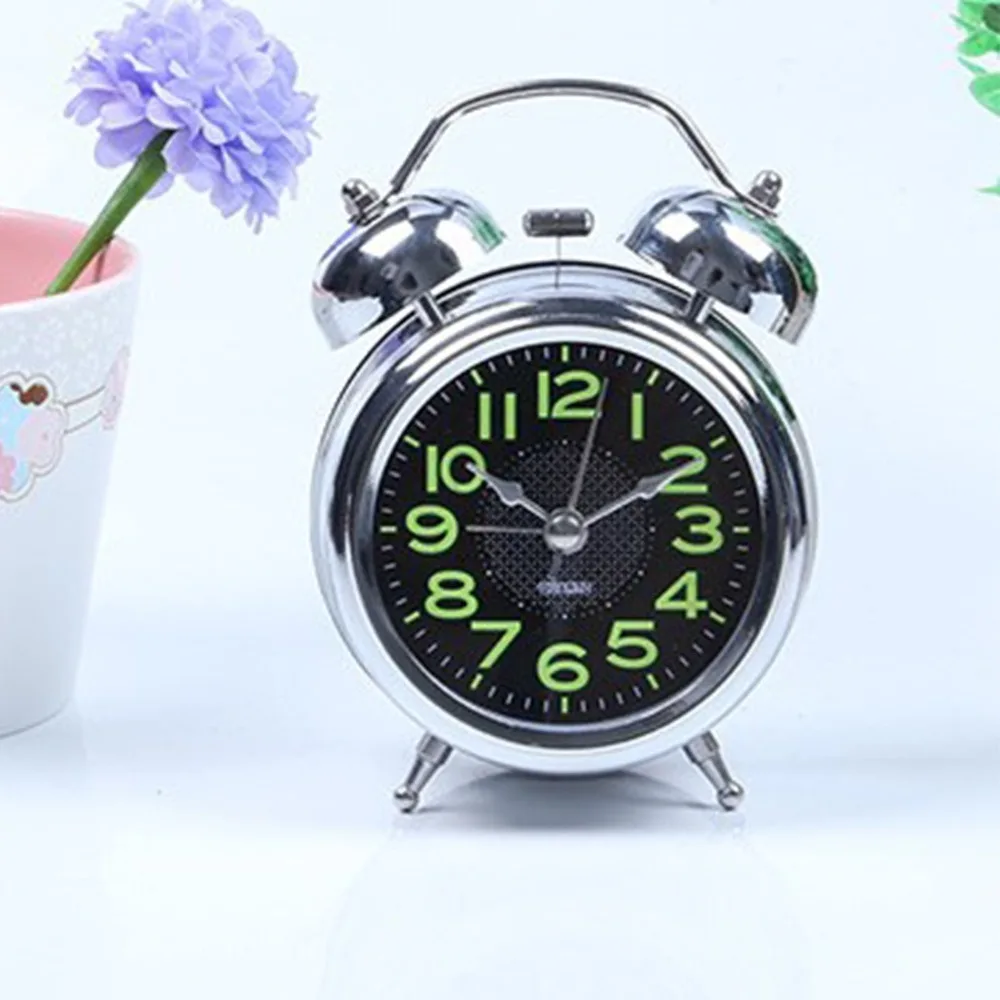 4 Inch Dial Twin Bell Alarm Clock Silver Glow In Dark Battery Operated Alarm Clock Metal Analog Desk Clock For Heavy Sleepers