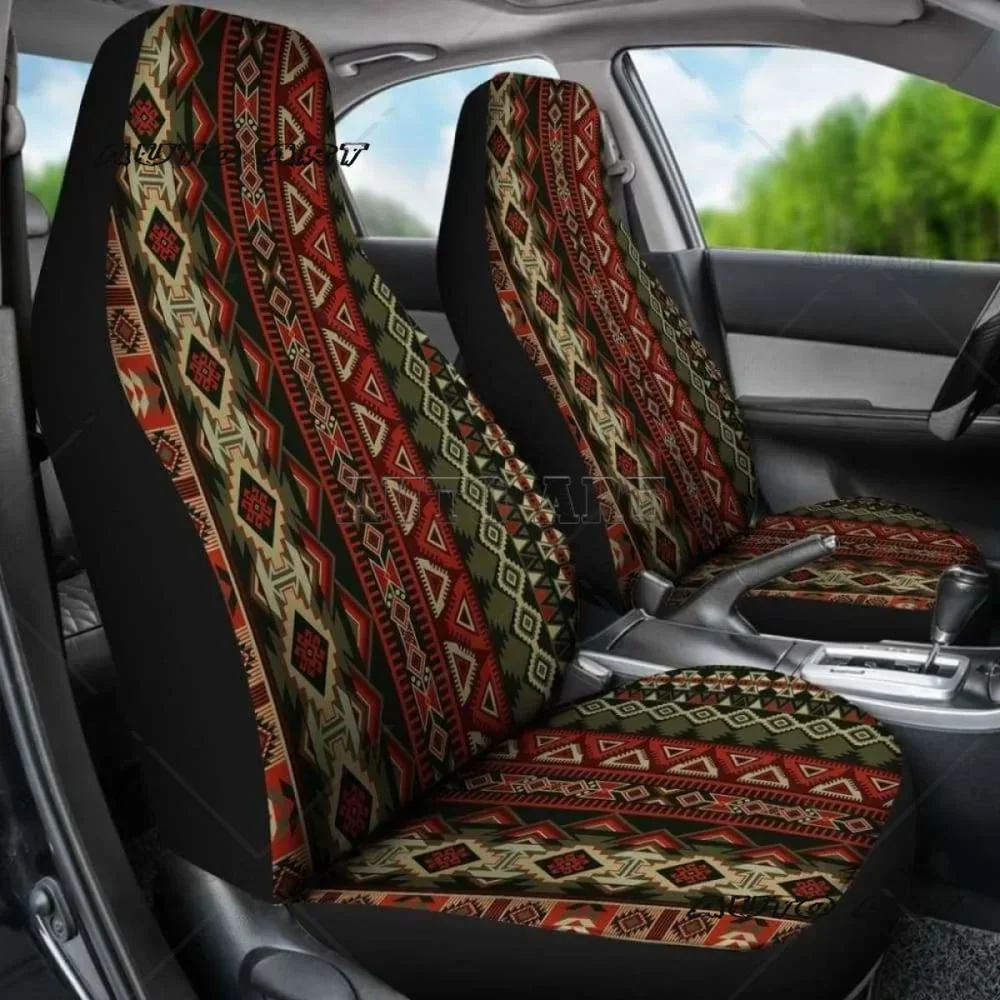 Czerwono-brązowe pokrowce na fotele samochodowe Boho Aztec, zestaw 2-częściowych uniwersalnych pokrowców ochronnych na przednie fotele — zdjęcie 4