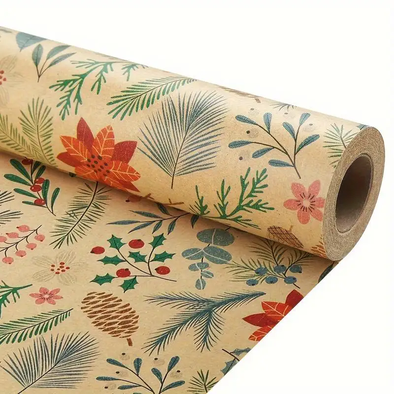 1 Roll 10m Large Size Christmas Theme Gift Wrapping Paper Plant Leaves Flowers Decoration Kraft Paper DIY Gift Packaging Supplies
