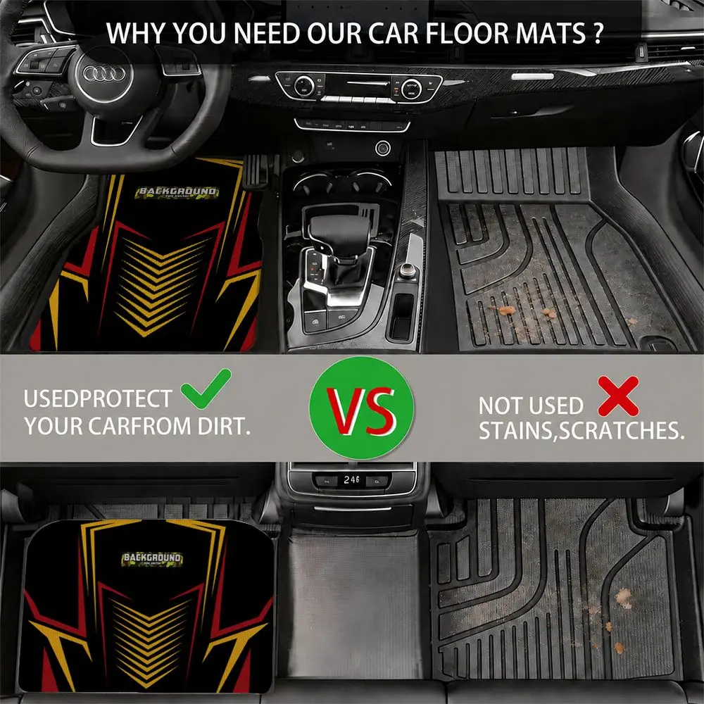 4Pcs Universal Car Floor Mat Red Yellow Sport Print Waterproof Non-slip Auto Foot Liner Stain Resistant All Weather For Interior