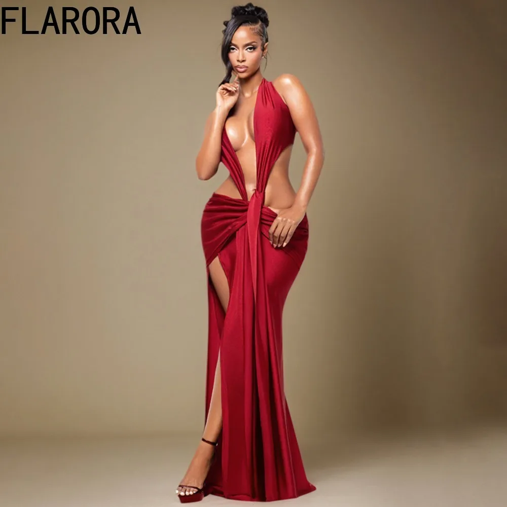 

FLARORA Luxury Hollow Backless Maxi Dress Woman Sexy Halter Deep V Neck Sleeveless Ruched Patchwork Dresses Chic Party Clubwear