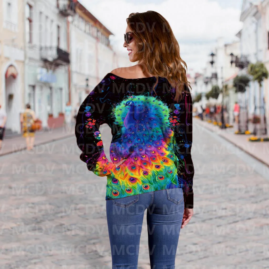 Women's Off Shoulder Sweater Peacock 3D Printed Women Casual Long Sleeve Sweater Pullover